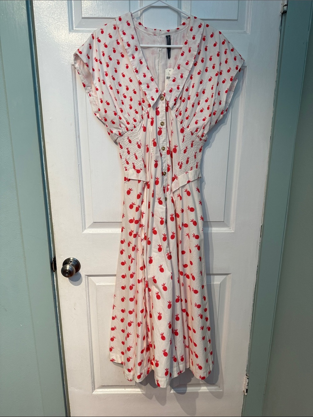 Anthropologie White and Pink Pineapple Printed V-Neck Midi Dress (M)